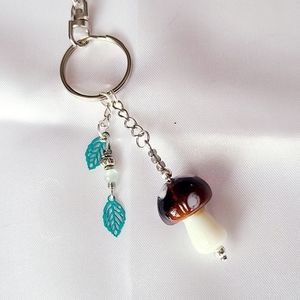 Brown mushroom leaf charm keychain bead keyring y2k